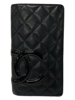 CHANEL Cambon Line A26717 Black Lambskin Patent Leather Long Wallet